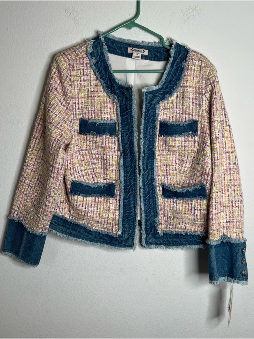 Nanette Lepore New Pink Tweed Jacket with Fringe Denim Trims Size L